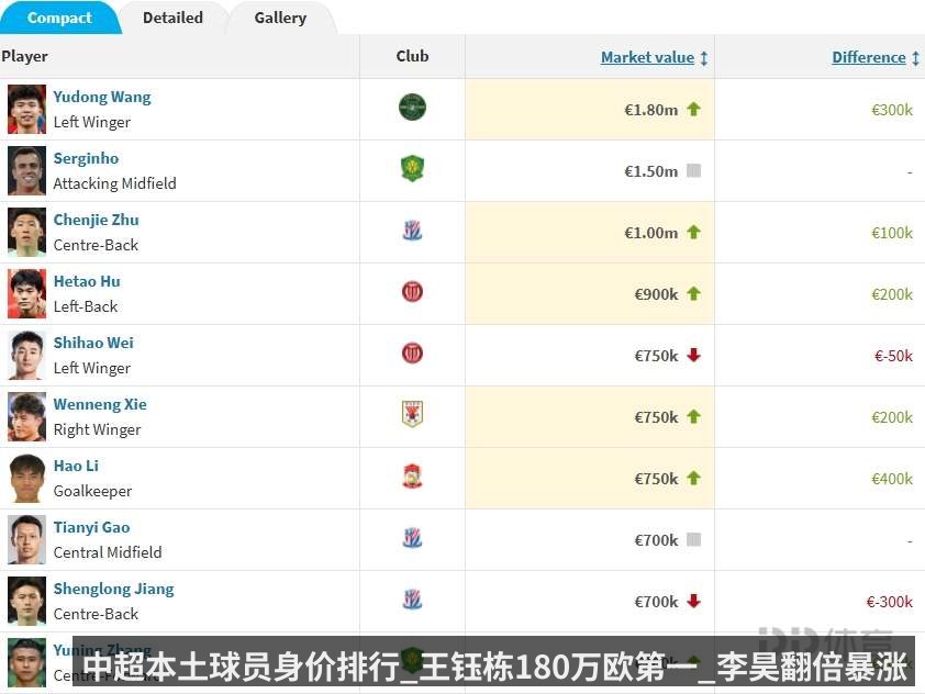 中超本土球员身价排行_王钰栋180万欧第一_李昊翻倍暴涨40万欧